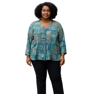 Islander Blue Coastal Patchwork Blouse | Button-up Roll-tab Sleeves | Plus SZ 1X